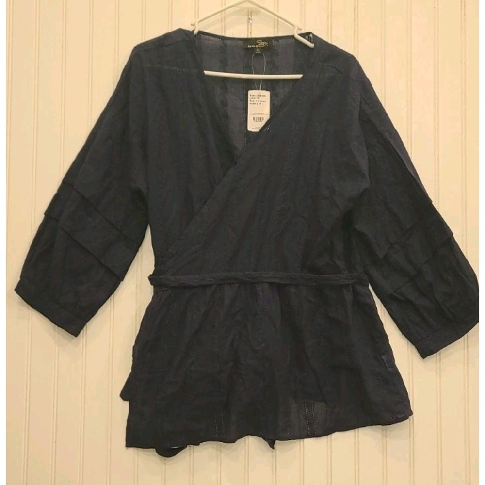 Suzanne Betro Wrap Top 2X Blue Ruffle boho peasant career romantic